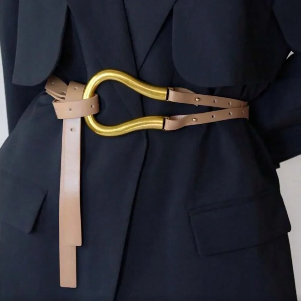 NEW! O/S BEIGE/TAN Horse-bit  Strappy Belt with Gold Loop Accent